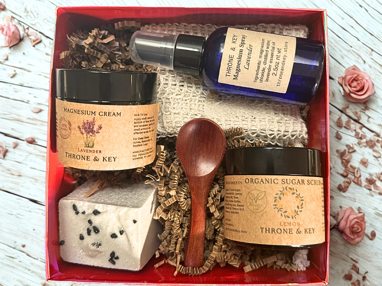 Peace & Pamper Spa Gift Box ā Magnesium Lavender Cream | Organic Sugar Scrub, Salt Soap Wellness Self Care Set