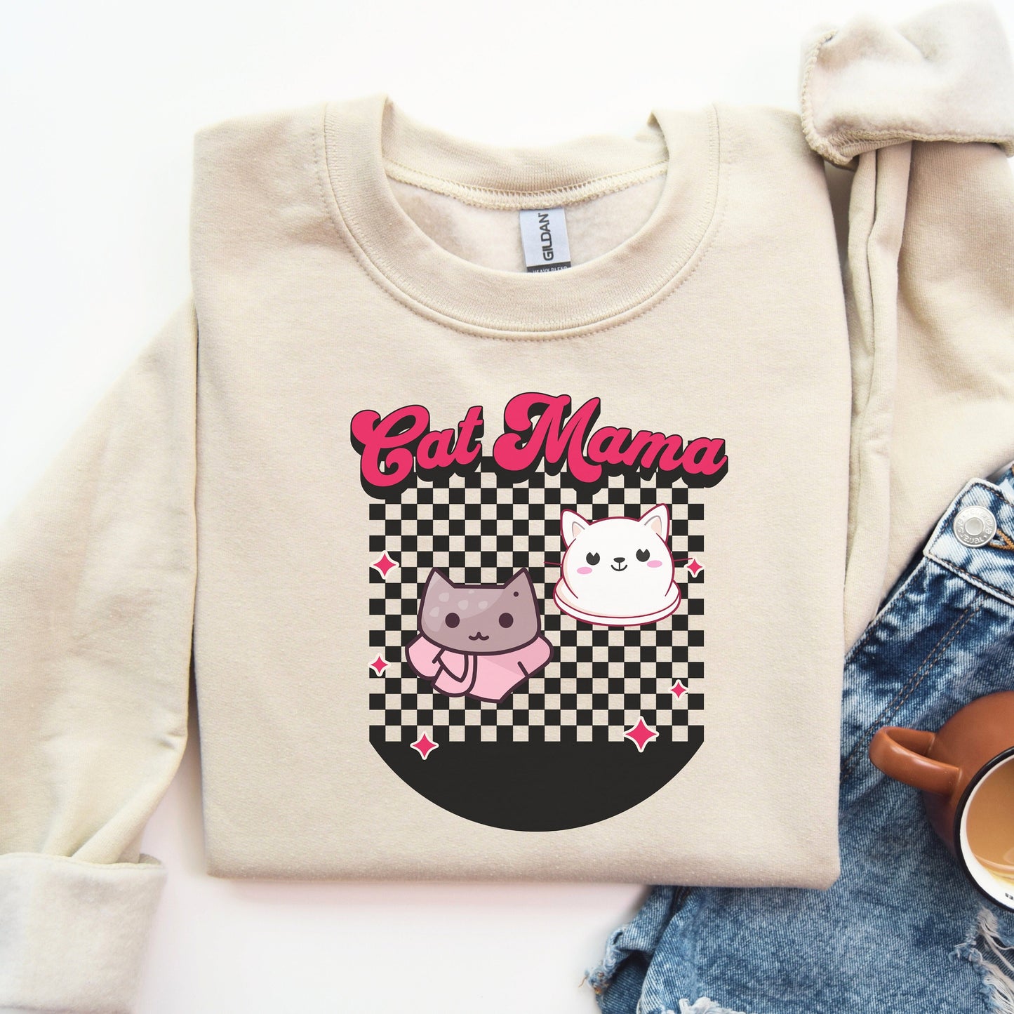 Retro Checkered Cat Mama Sweatshirt