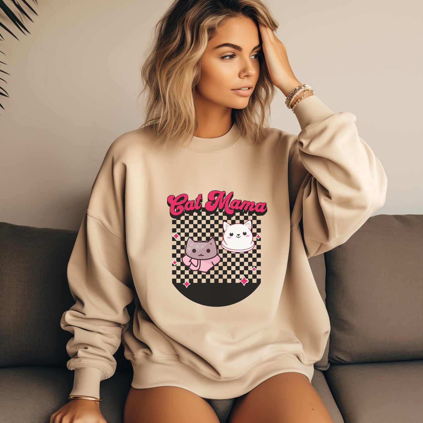 Retro Checkered Cat Mama Sweatshirt