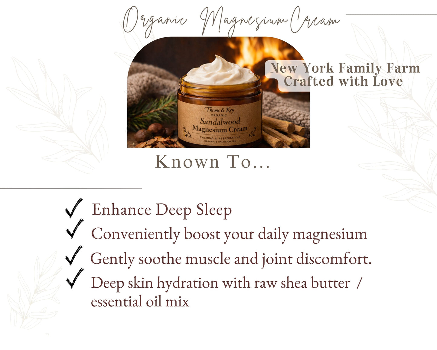 Organic Magnesium Cream, High Potency - Sandalwood Winter Scent, Sleep Aid, New York Farm Crafted