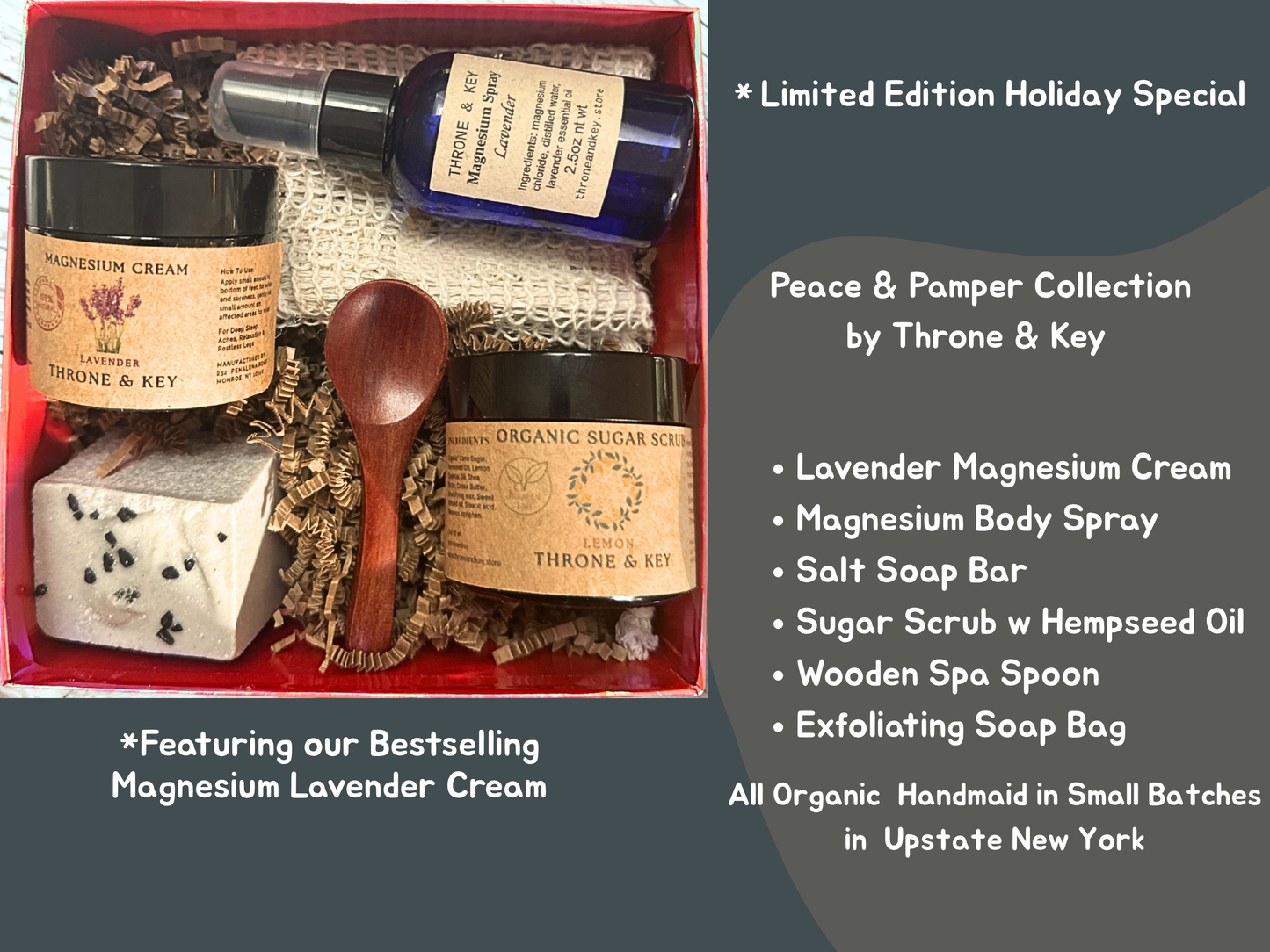 Peace & Pamper Spa Gift Box – Magnesium Lavender Cream |  Organic Sugar Scrub, Salt Soap Wellness Self Care Set