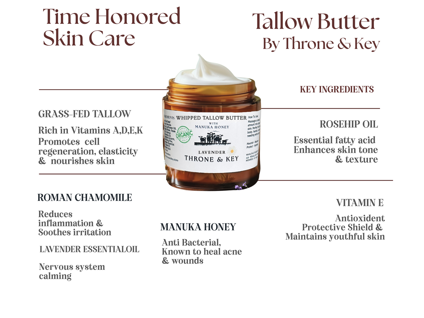 Organic Grass-Fed Tallow Body Cream: Manuka Honey,  Rosehip & Chamomile Hydrating Lotion