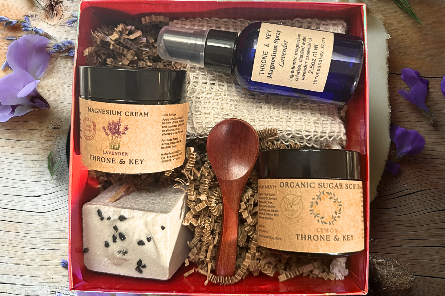 Peace & Pamper Spa Gift Box – Magnesium Lavender Cream |  Organic Sugar Scrub, Salt Soap Wellness Self Care Set