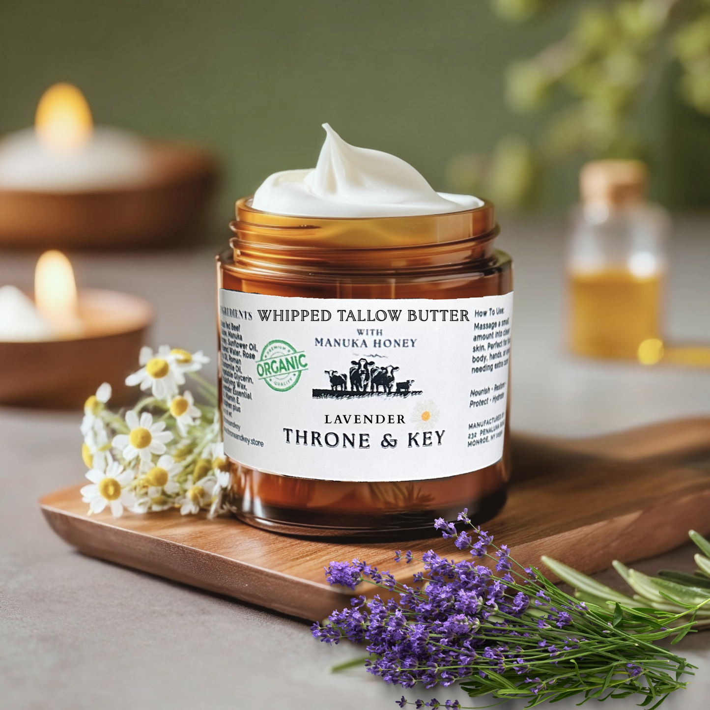 Organic Grass-Fed Tallow Body Cream: Manuka Honey,  Rosehip & Chamomile Hydrating Lotion